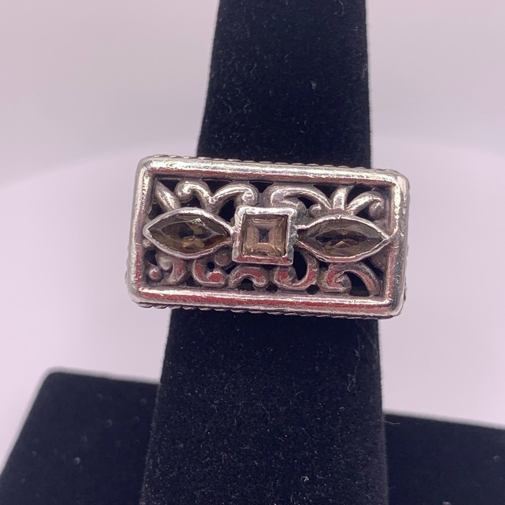 Vintage Sterling Silver Smokey Topaz & Citrine Engraved Rectangle Face Ring